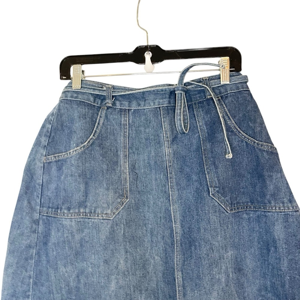 Vintage 70s GAP Denim Jean Wrap Tie Midi Skirt Pockets Retro Boho Hippie Size L - Picture 3 of 4
